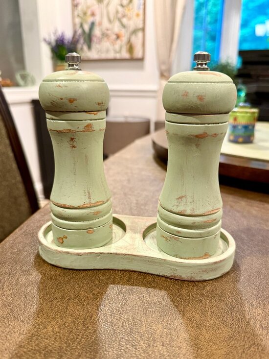 Other - Rustic Distressed Hand Painted Wood Sage Green Salt & Pepper Grinder Set w/Tray